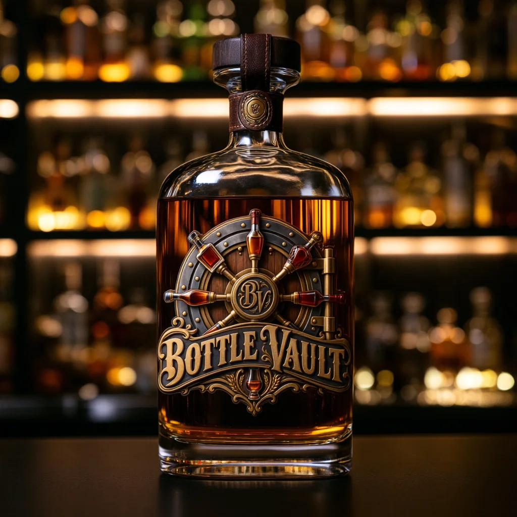 A Bottle Vault whiskey bottle on a bar, about four-fifths full, with lit bar shelves blurred behind it